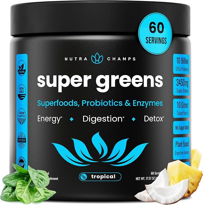 NutraChamps Super Greens Powder Premium Superfood | 20+ Organic Green Veggie Whole Foods | Alfalfa Spirulina Chlorella &amp More | Antioxidant Digestive Enzyme &amp Probiotic Blends | Tropical |