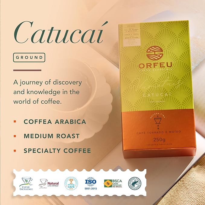 Catucaí Roasted and Ground Coffee 8.8 oz – Notes of Molasses Caramel and Honey – Natural Sweetness Balanced Profile and Medium-Light Roast – Café Orfeu
