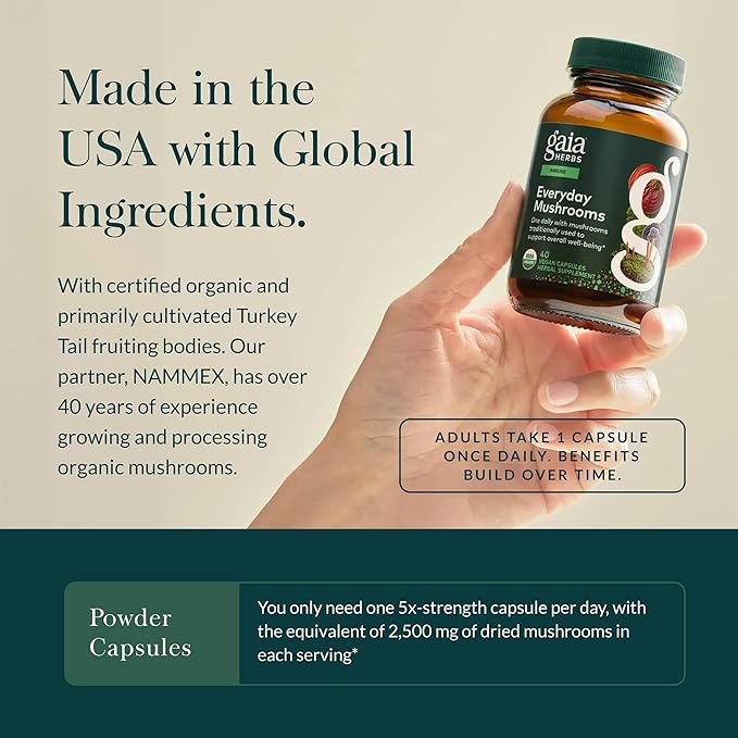 Gaia Herbs Everyday Mushrooms - Immune Support Mushroom Supplement for Daily Health Support* - with Reishi Cordyceps Turkey Tail Shiitake &amp Chaga Mushrooms - 40 Vegan Capsules (40 Servings)