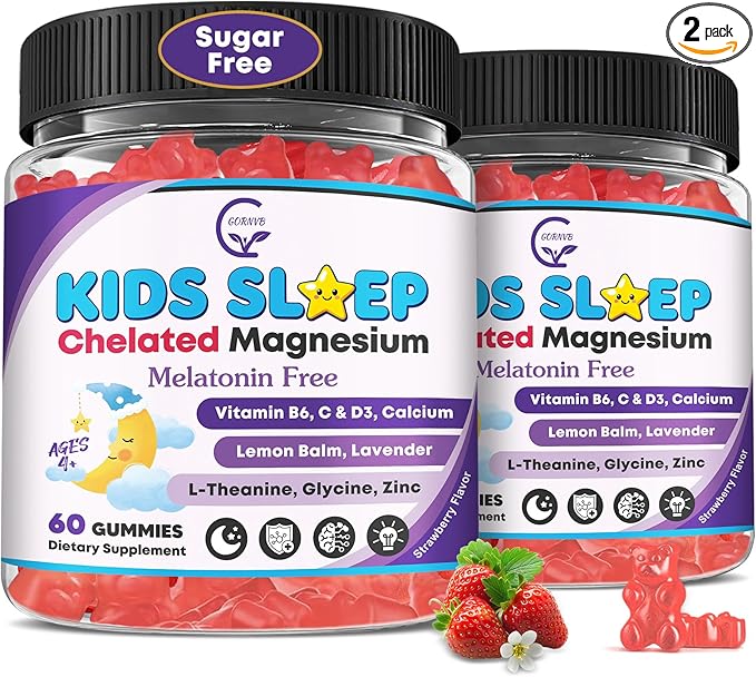 Kids Sleep Gummies Magnesium Bisglycinate 100/200 mg + 200/400 mg Calcium Citrate for Kids 4+ w/L-Theanine B6 Zinc D3K2 &amp GABA Lemon Balm Chamomile Extract for Zzz &amp Relax Bone Muscle