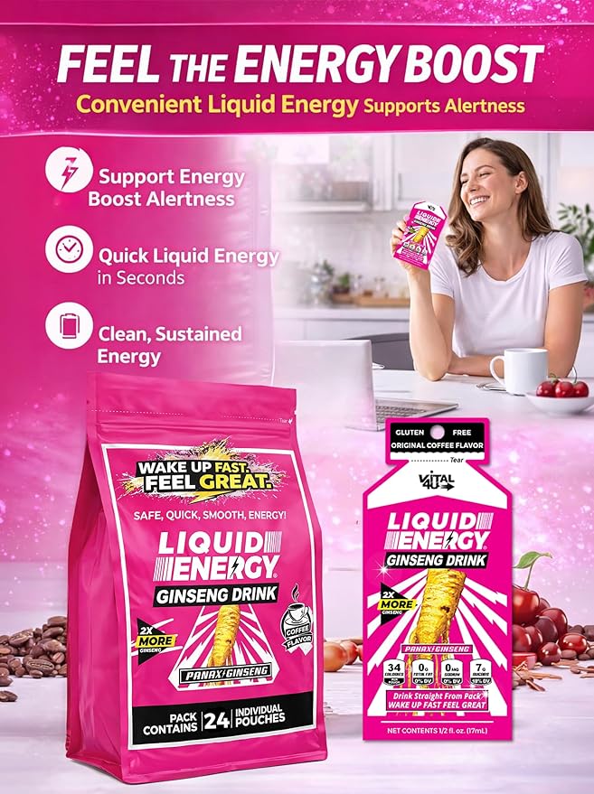 Vital 4U Liquid Energy Shot - Ginseng B Vitamins Naturally Sweetened Coffee Flavor 24 ct
