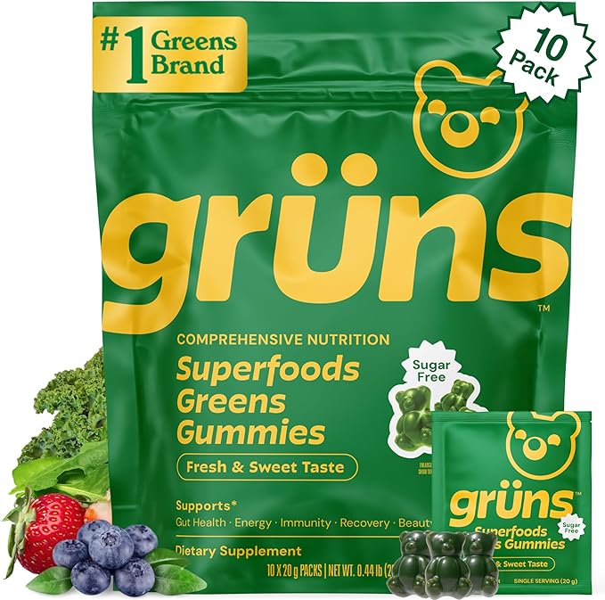 Gruns Sugar-Free Super Greens Gummies Multivitamin Superfood Gummy Bears Spirulina Chlorella Prebiotics &amp Fiber gummies for Digestive Health Adaptogens Supplement 20 Vitamins &amp Minerals
