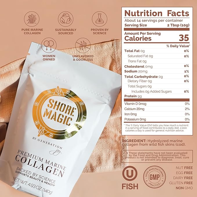 Shore Magic Premium Marine Collagen Powder – Hydrolyzed Type I II III &amp IV Peptides from Wild Fish for Skin Hair Nails &amp Joints 14 Servings