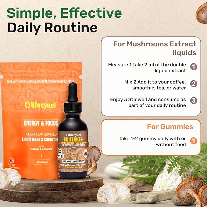 Life Cykel Premium Mushroom Extract Liquid Bundle – Lion’s Mane Cordyceps Reishi Chaga Turkey Tail &amp Shiitake (1oz Each) with Included Energy Gummies (10-Count) for Vitality &amp Mental Clar