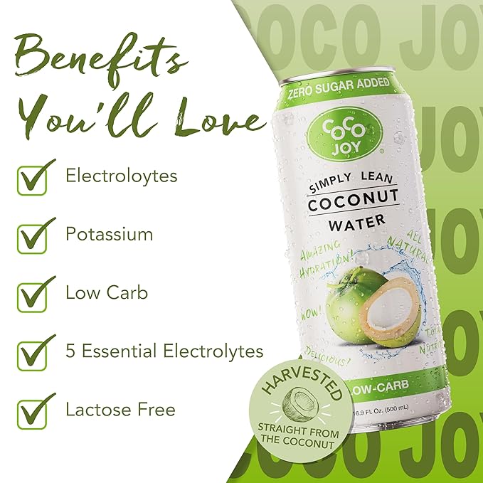 CoCo Joy Lean Coconut Water Zero Sugar Added Low-Carb High-Calcium Nutrient-Rich Drink 12 pack