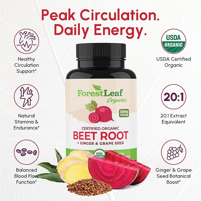 ForestLeaf USDA Organic Beet Root Capsules - Beetroot Supplement 1000mg 20:1 Extract w/Ginger Grape Seed - Support Blood Pressure Nitric Oxide Flow Circulation - Made in USA - 120 Caps