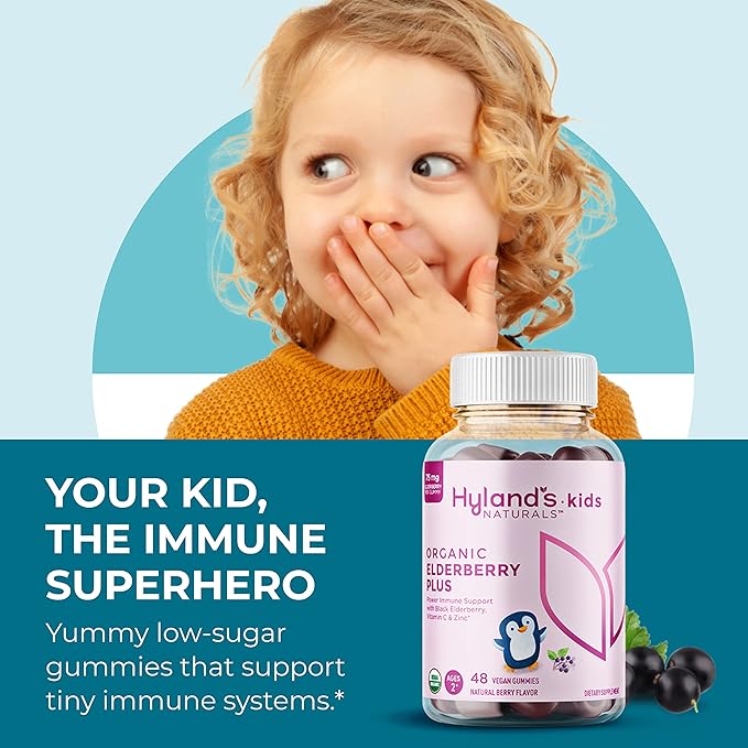 Hyland's Kids Organic Elderberry Plus Gummies Organic Black Elderberry with ZINC and Vitamin C Immune Support for Children 48 Vegan Gummies (Pack of 2)