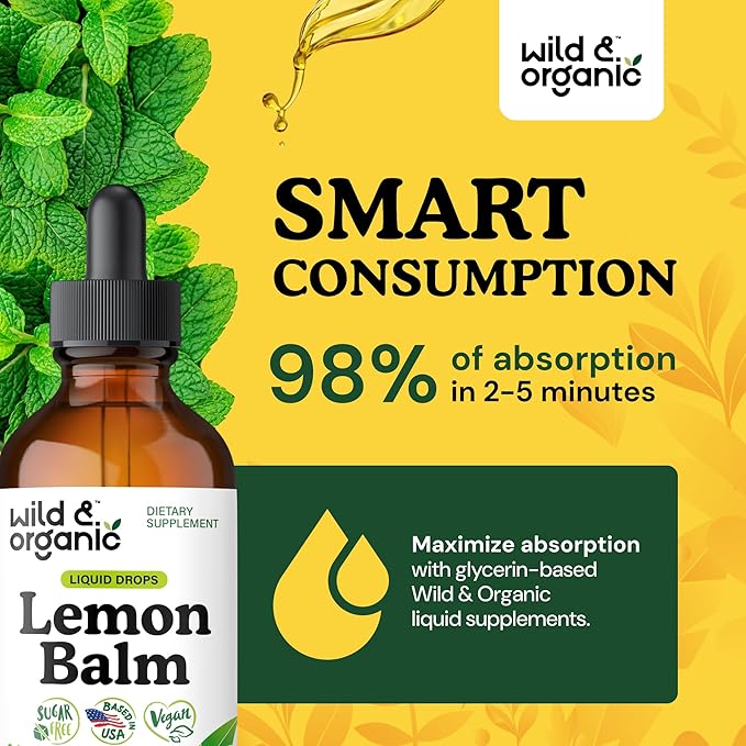 Wild &amp Organic Lemon Balm Tincture - Mood Support Supplement - Melissa Lemon Balm Leaf Extract Drops - Vegan Sugar &amp Alcohol-Free Calming Supplement - 4 fl oz
