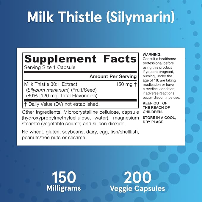 Jarrow Formulas Milk Thistle Supplement 150 mg. 30:1 Milk Thistle Extract Standardized to 80% Total Flavonoids Dietary Supplement for Liver Function Support 200 Veggie Capsules Up to 200 Day Supply