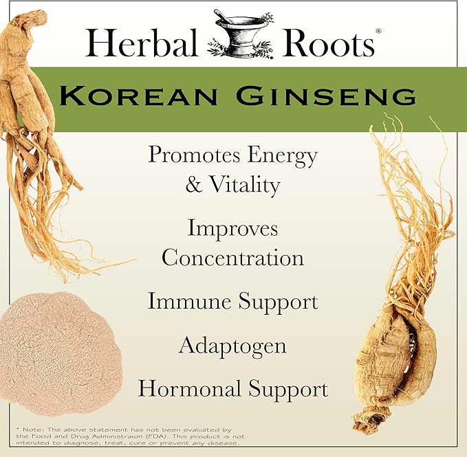 Herbal Roots Panax Ginseng | Organic Korean Ginseng Root Powder | 1000mg | High Ginsenosides for Energy &amp Performance | 60 Vegan Capsules