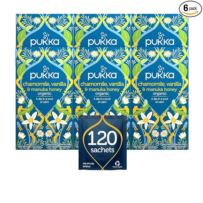 Pukka Organic Tea Bags Chamomile Vanilla &amp Manuka Honey Herbal Tea Perfect for Moments of Calm 20 Count (Pack of 6) 120 Tea Bags
