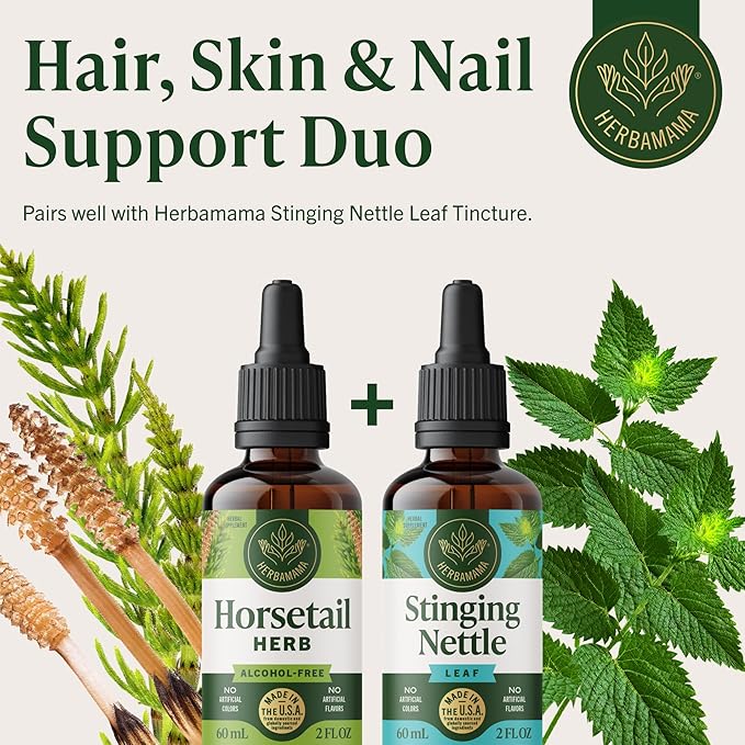HERBAMAMA Horsetail Supplement Drops - Vegan Hair Nail &amp Skin Care with Horsetail Extract - Non-GMO Alcohol &amp Sugar-Free Liquid Hair Strengthening Tincture 42-Day Supply