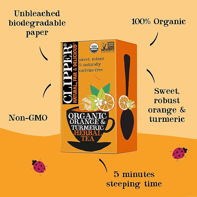 Clipper Tea Orange &amp Turmeric Organic Tea with Licorice Root Orange Peel and Hibiscus Plant Based Herbal Tea Caffeine Free British Tea 3 Pack 60 Unbleached Tea Bags
