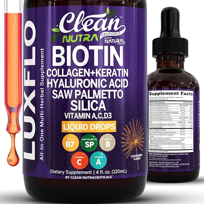 Liquid Biotin &amp Collagen Keratin Hyaluronic Acid Saw Palmetto Drops Vitamins for Hair Growth Support Silica Vitamin A C D Bamboo Turmeric Zinc Folate Magnesium Horsetail LuxFlo By Clean Nutra