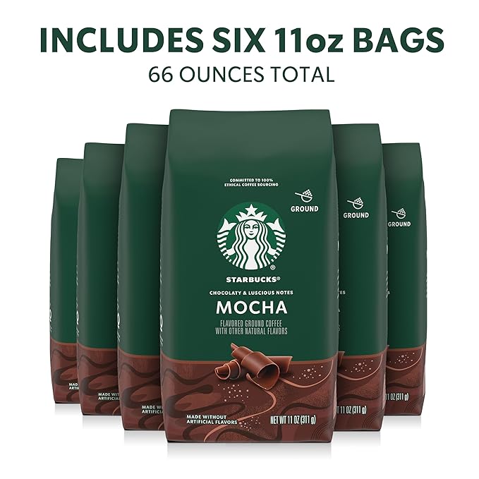Starbucks Ground Coffee Flavored Hot or Iced Coffee Mocha Six 11 oz Bags