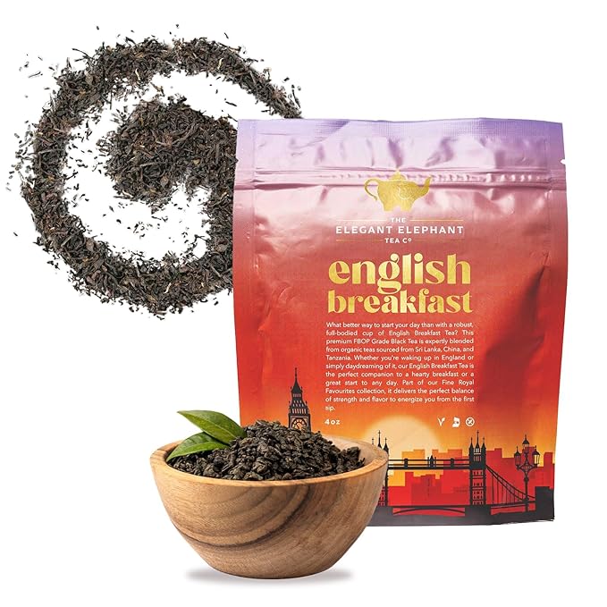 English Breakfast Tea Organic Loose Leaf Black Tea – Robust Full-Bodied Classic Blend – Drink Hot or Iced – 4 oz Resealable Bag (Makes 50 Cups) – The Elegant Elephant