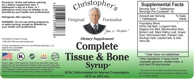 Christopher's Original Formulas Complete Tissue and Bone Syrup – Traditional Herbal Blend to Support Bones Tissue &amp Cartilage Liquid Botanical Formula 16 oz