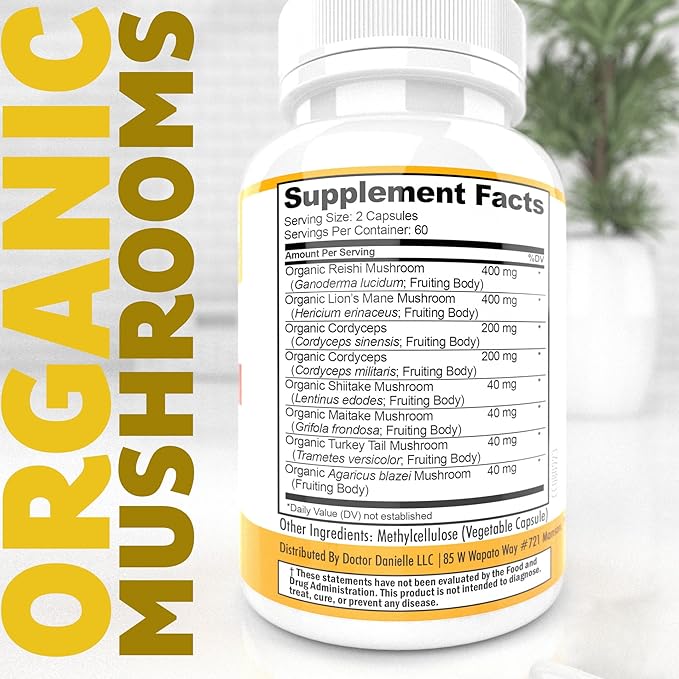 Doctor Danielle Organic Mushroom Complex Supplement – 8 Organic Mushrooms Including Reishi Lion’s Mane Cordyceps &amp Chaga – Vegan Capsules Thoughtfully Formulated for Daily Wellness