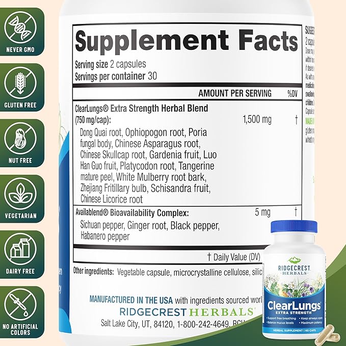 RidgeCrest Herbals ClearLungs Extra Strength Daily Health Supplement Natural Lung and Nasal Wellness Formula (60 Vegan Caps 30 Serv)