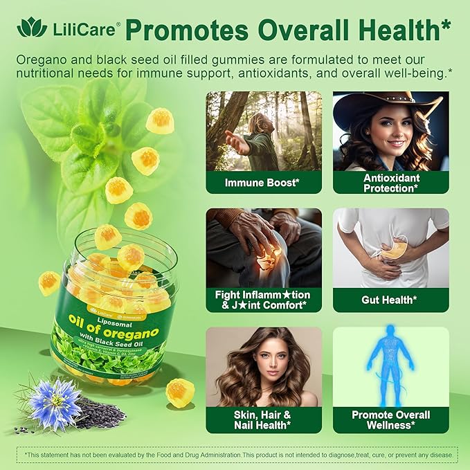 Oil of Oregano with Black Seed Oil Filled Gummies - 2 Months Supply - Aceite De Oregano Capsulas Alternative Carvacrol &amp Thymoquinone with VE VC D3 Zinc Liposomal Form Sugar Free Berry Flav