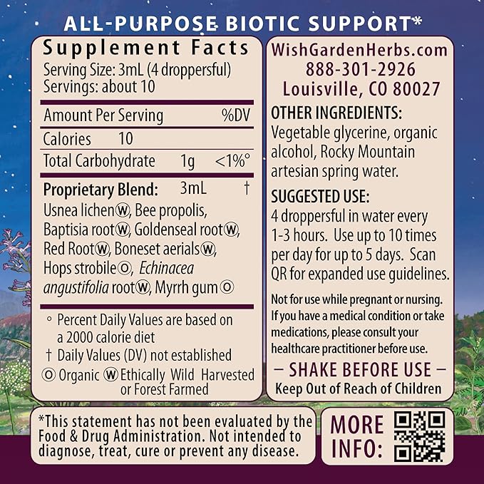 WishGarden Herbs Kick-Ass Biotic Immune Hero - Plant-Based Herbal Biotic Formula with Usnea Lichen Hops Echinacea &amp Goldenseal Supports Healthy Immune Respiratory &amp Lymph System Function