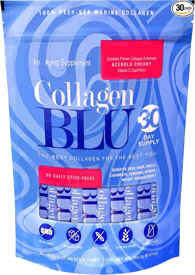 Collagen BLU Premium Marine Collagen with Superfood Derived Vitamin C for Best Absorption Type 1 and 3 Non-GMO Paleo &amp Keto Friendly 30 Stick Packs