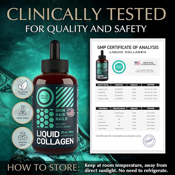 Liquid Collagen Peptides with Biotin Drops - 30000mcg Biotin and Collagen Liquid for Women and Men - Youthful Skin Hair Growth Strong Nails - Hair Vitamins for Hair Loss - Lemon Flavor - 2x2oz