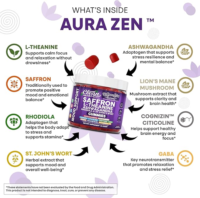 AuraZen Mood Support Saffron Gummies L-Theanine Ashwagandha Rhodiola St John's Wort Lions Mane GABA Vitamin D Magnesium Supplement | Calm Vegan Plant-Based Herbal Gummy By Clean Nutra