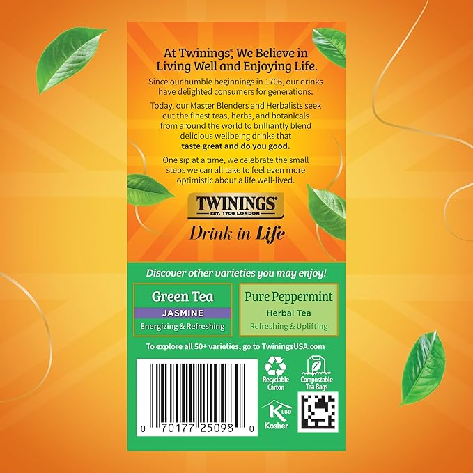 Twinings Green Tea with Mint Individually Wrapped Bags 20 Count (Pack of 6) Invigorating Aroma Caffeinated Enjoy Hot or Iced 120 Teabags