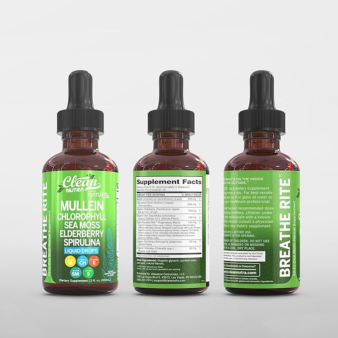 Clean Nutra Mullein Drops for Lungs Organic Chlorophyll Liquid Irish Sea Moss Spirulina Licorice Tart Cherry Lobelia Motherwort &amp Elderberry Mullein Leaf Extract Tincture Men Women Supplement