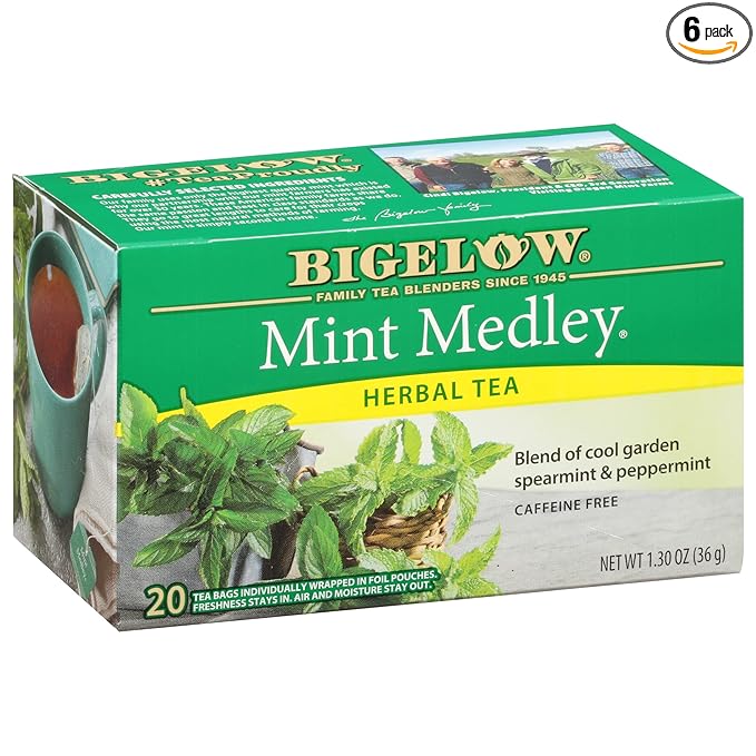 Bigelow Mint Medley Herbal Tea Bags 20-Count Box (Pack of 6) Caffeine Free Herbal Tea 120 Tea Bags Total