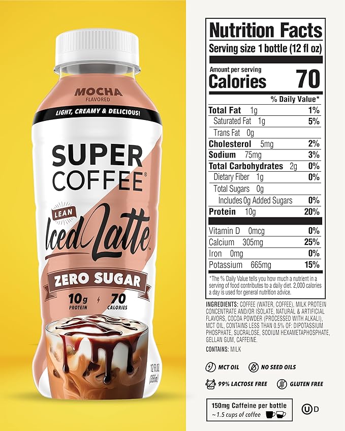 SUPER COFFEE Keto Protein Coffee (0g Added Sugar 10g Protein 70 Calories) [Mocha] 12 Fl Oz 12 Pack | Iced Smart Coffee Drinks