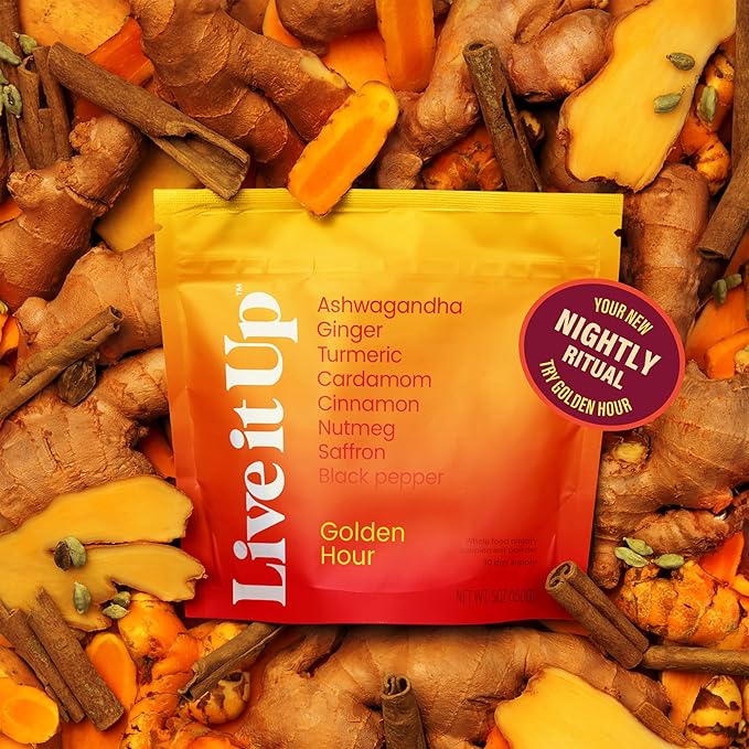 LIVE IT UP | Golden Hour: Relaxing Golden Milk Latte Powder with Ashwagandha Ginger Turmeric and Coconut | Supports Stress Relief and Sleep | Gluten-Free No GMOs Dairy-Free and Plant-Based
