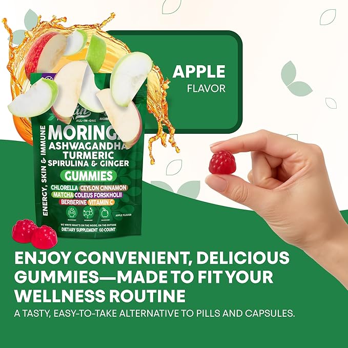 Clean Nutra Moringa Gummies | Pure Moringa Powder Supplement + Ashwagandha Turmeric Spirulina &amp Ginger Energy Skin Immune &amp Gut Health Green Superfood - Moringa Capsules Alternative