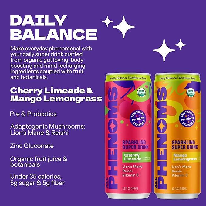 All Phenoms Sparkling Organic Prebiotic &amp Probiotic Drink - Adaptogen Mushroom Blend (Lions Mane &amp Reishi) L-Theanine Caffeine Fiber B12 C Zinc Gluconate (No Stevia) - Variety Pack 12 P