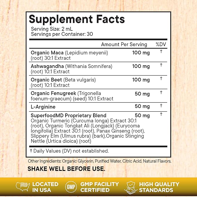 Superfood MD Maca Root Liquid Drops with Ashwagandha Nettle Fenugreek Beet Root and L-Arginine Liquid Multivitamin for Women and Men - 4 Oz