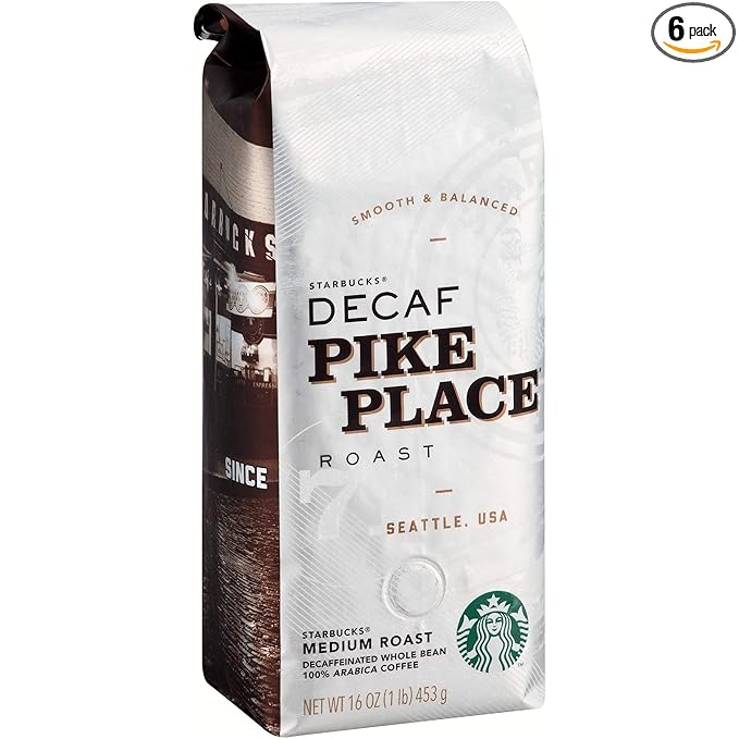 Starbucks Decaf Pike Place Whole Bean Coffee 16 oz Pack of 6