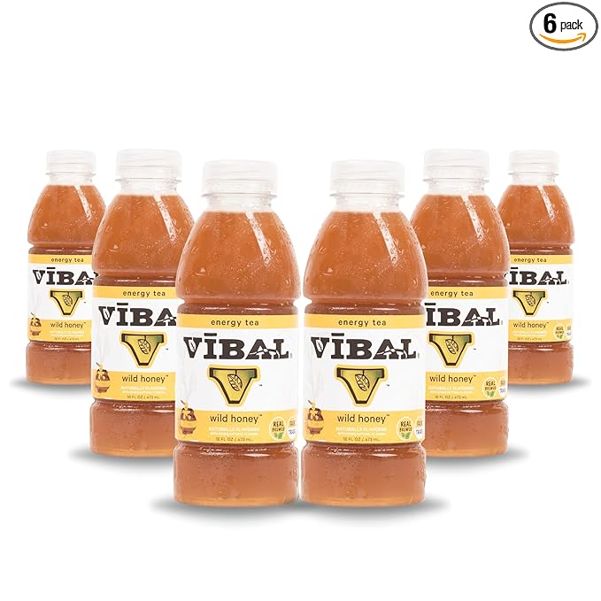 VIBAL ENERGY TEA Wild Honey 16 Fl Oz 6-Pack Natural Energy High Caffeine Ginseng Theanine Low Sugar Low Carb Low Calorie Adaptogens Nootropics