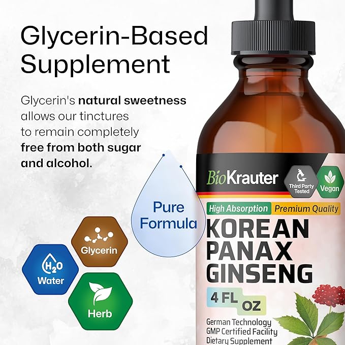 BIO KRAUTER® Ginseng Supplement - Pure Vegan Liquid Drops Korean Red Ginseng 696 mg per Serving 4 Fl.Oz 56-Day Supply - Used for Energy Focus Performance &amp Immune Support - Alcohol &amp Sugar F