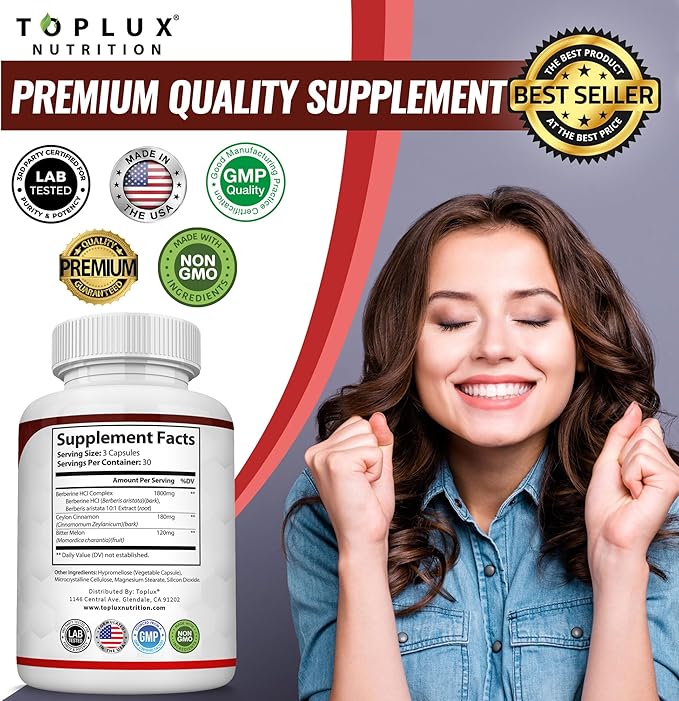 Toplux Berberine with Ceylon Cinnamon and Bitter Melon 2100mg - High Purity 97% HCL Berberine Supplement Supports Overall Health &amp Immune System Non-GMO Vegan 90 Capsules