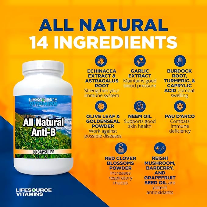 LifeSource Vitamins All Natural Anti-B for Immune Support 14 All Natural Ingredient with Echinacea &amp Garlic Extract 90 Immune Defense Capsules.