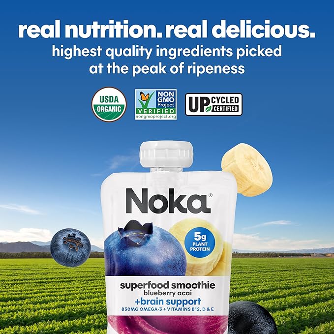 Noka Superfood Fruit Smoothie Pouches Ready to Drink with Brain Support Healthy Snacks w/ 850mg Omega-3 Flax Seed Plant Protein Vegan Gluten Free Organic Fruit Squeeze Pouch Blueberry Acai 4.22 oz 12