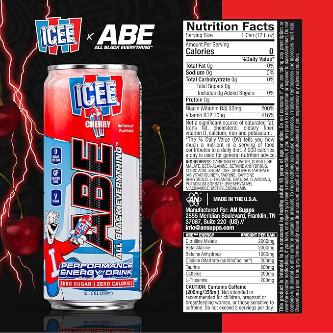 All Black Everything Performance Energy Drink | Zero Calories Sugar Free | 200mg Caffeine | Beta Alanine &amp Citrulline | Pre-Workout Sport Drink for Men &amp Women | ICEE Cherry | 12 Pack