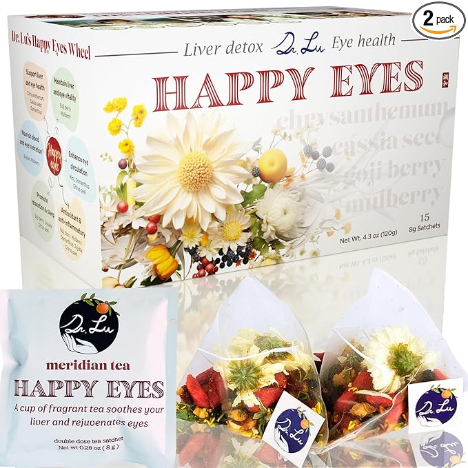Dr. Lu’s Happy Eyes Tea | 100% Natural Eyebright Tea for Liver Cleanse | Liver Detox tea for Eye Health | Chrysanthemum Cassia Seed Goji Berry 8 Premium Herbs in Corn Fiber Pyramid Bags | Made in US