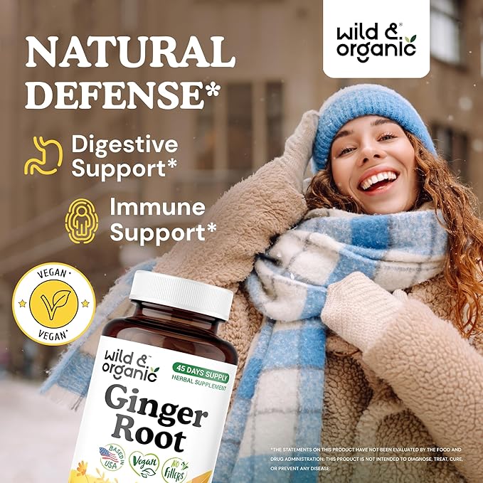 Wild &amp Organic Ginger Root Capsules 1200 mg - Immune &amp Digestive Support - Natural Ginger Supplements - Zingiber Officinale Powder - 45 Days of Supply - Vegan No Fillers Non-GMO - 90 Count