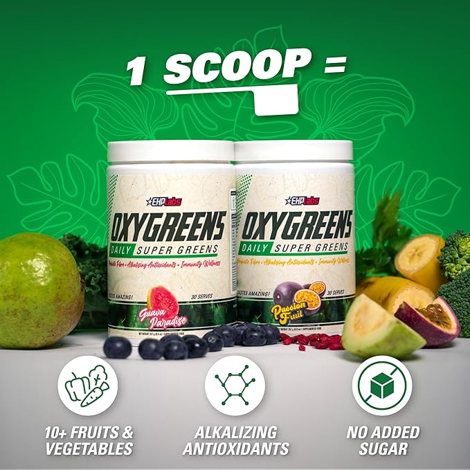EHP Labs OxyGreens Super Greens Powder - Spirulina &amp Chlorella Superfood Green Juice Powder &amp Greens Supplements with Prebiotic Fibre Antioxidants &amp Immunity Support 30 Serves (Strawb.