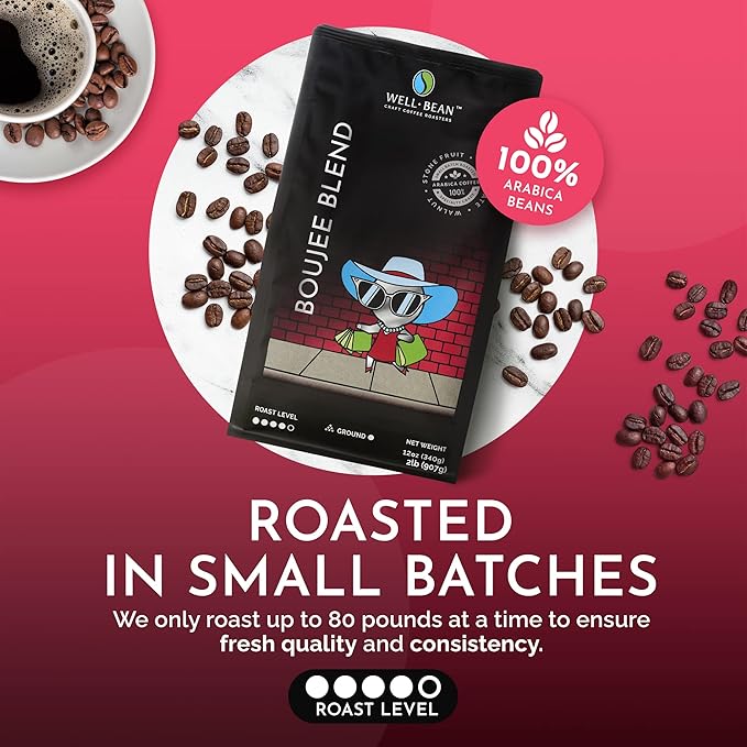 Well-Bean Coffee - Boujee Blend Ground Coffee Made of Brazil Colombia and Honduras Coffee Antioxidant Rich Coffee Ground Dark Roasted Coffee 2 lb