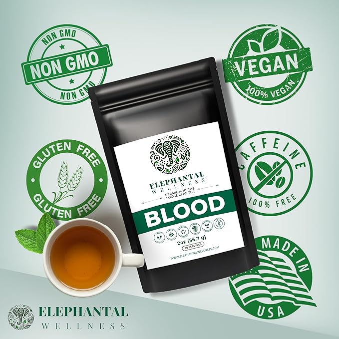 Elephantal Wellness Blood Herbal Tea – Herbal Loose Leaf Tea for Circulation &amp Internal Cleansing Support with Burdock Dandelion Nettle &amp Hawthorn – Caffeine-Free Wellness Tea 2oz 20 Servi