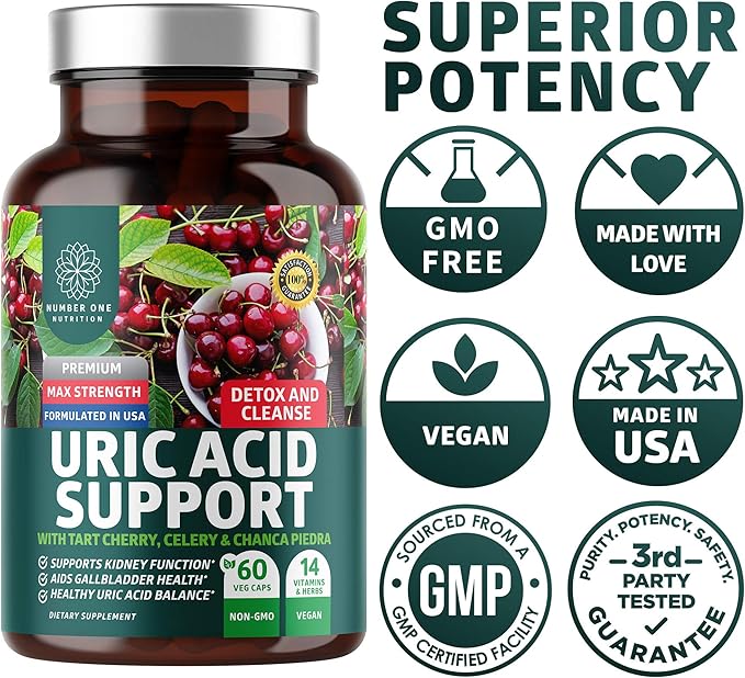 N1N Premium Uric Acid Support Supplement [14X Potent Herbs] All Natural Kidney and Uric Acid Cleanse with Tart Cherry Milk Thistle Cranberry Celery Chanca Piedra 60 Veg Caps