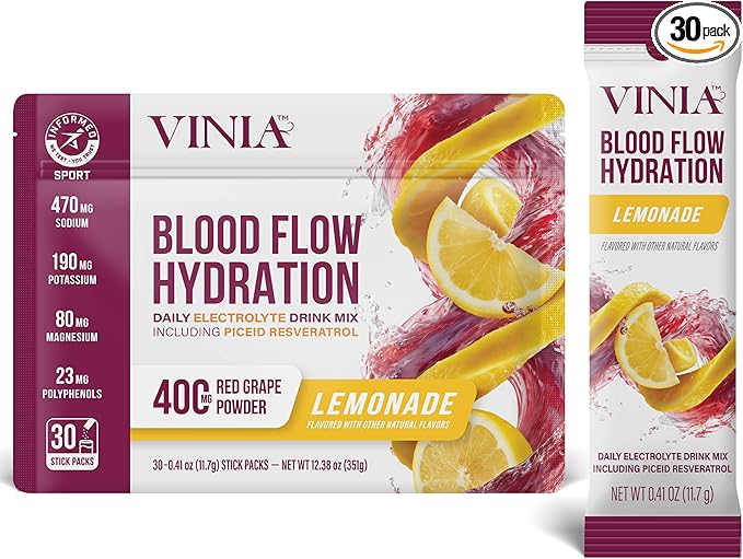 VINIA Resveratrol Electrolyte Hydration Powder Mix | Boost Blood Flow &amp Circulation | Sea Salt Coconut Water Potassium Magnesium Informed Sport Certified (30 Sticks Lemonade)